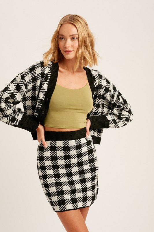 Plaid Button Down Crop Cardigan And Skirt Knit Set