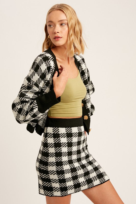 Plaid Button Down Crop Cardigan And Skirt Knit Set