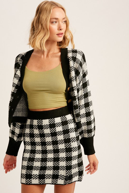 Plaid Button Down Crop Cardigan And Skirt Knit Set