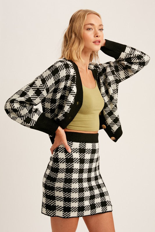 Plaid Button Down Crop Cardigan And Skirt Knit Set