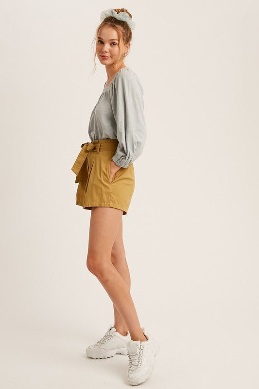 Cotton Twill Cuffed Shorts With Tie Sash