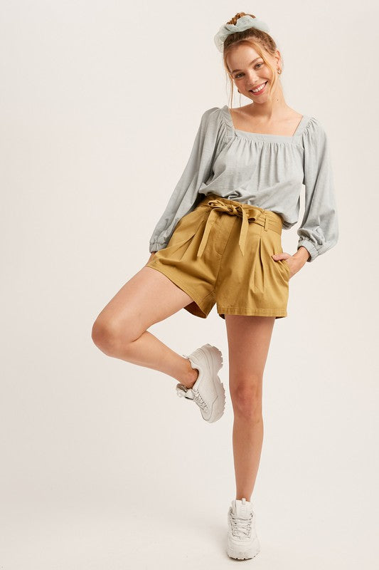 Cotton Twill Cuffed Shorts With Tie Sash