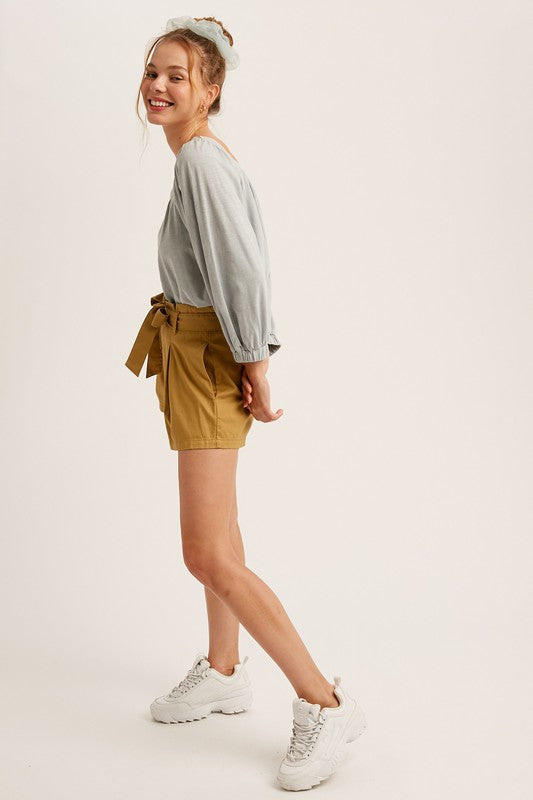 Cotton Twill Cuffed Shorts With Tie Sash