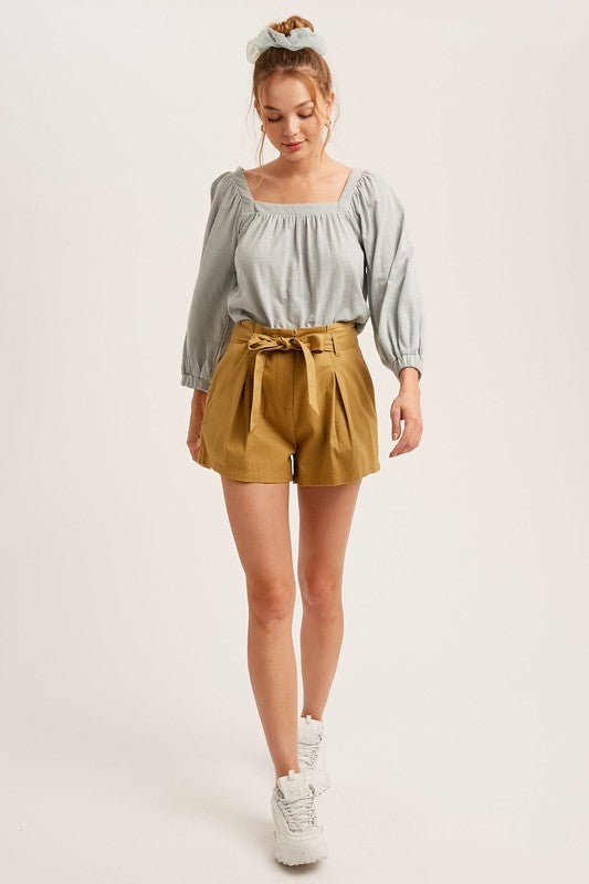 Cotton Twill Cuffed Shorts With Tie Sash