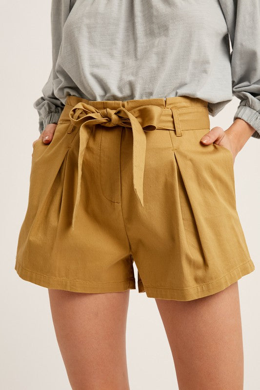 Cotton Twill Cuffed Shorts With Tie Sash