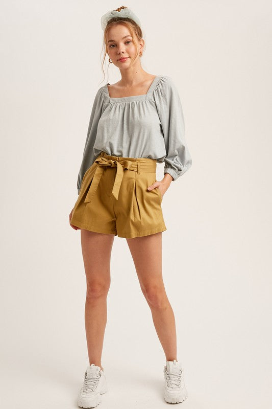 Cotton Twill Cuffed Shorts With Tie Sash