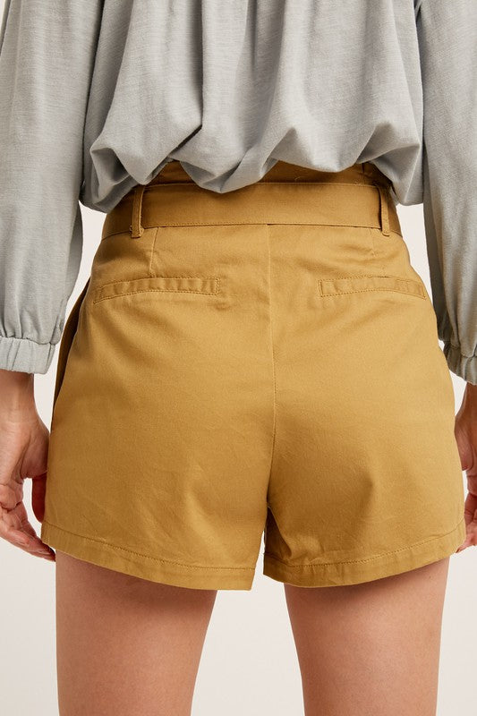 Cotton Twill Cuffed Shorts With Tie Sash