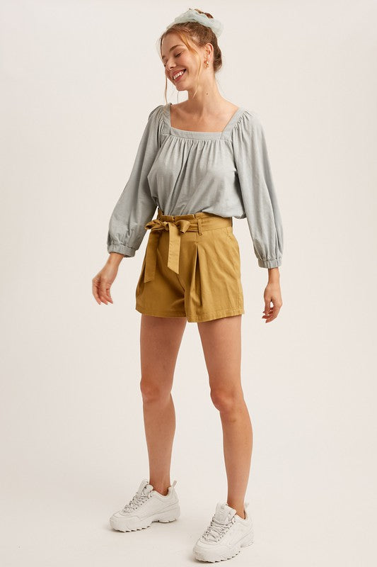 Cotton Twill Cuffed Shorts With Tie Sash