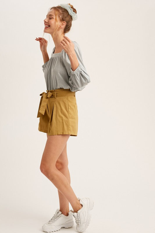 Cotton Twill Cuffed Shorts With Tie Sash