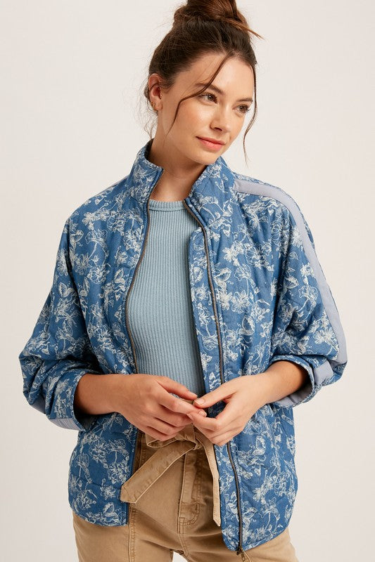 Floral Printed Dolman Quilted Denim Jacket