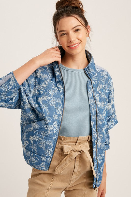 Floral Printed Dolman Quilted Denim Jacket