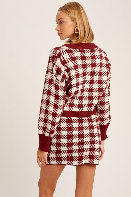 Plaid Button Down Crop Cardigan And Skirt Knit Set