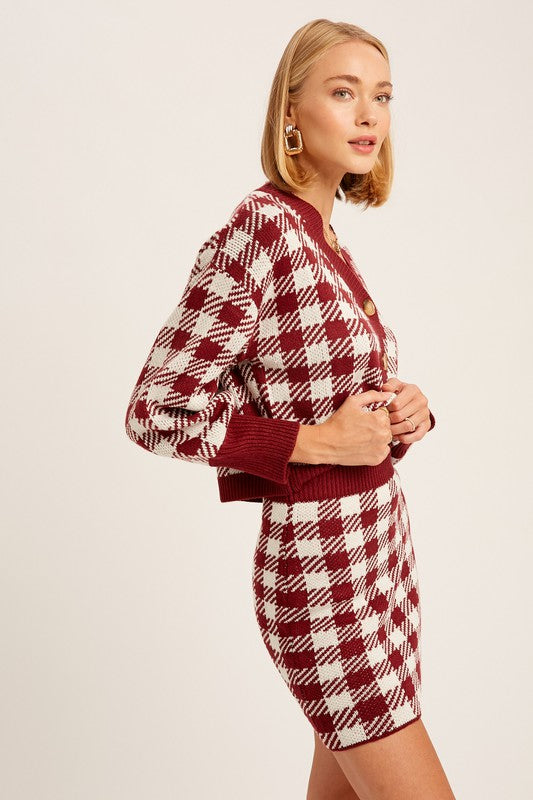 Plaid Button Down Crop Cardigan And Skirt Knit Set