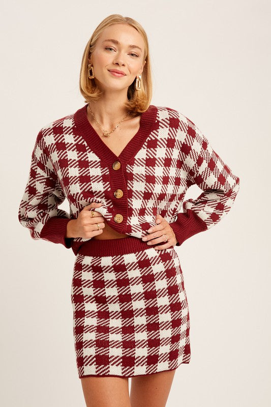 Plaid Button Down Crop Cardigan And Skirt Knit Set