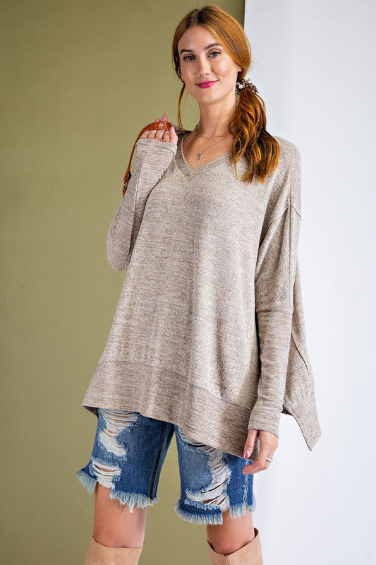 Mushroom Taupe Brushed Knit Loose Fit Long Sleeve Top