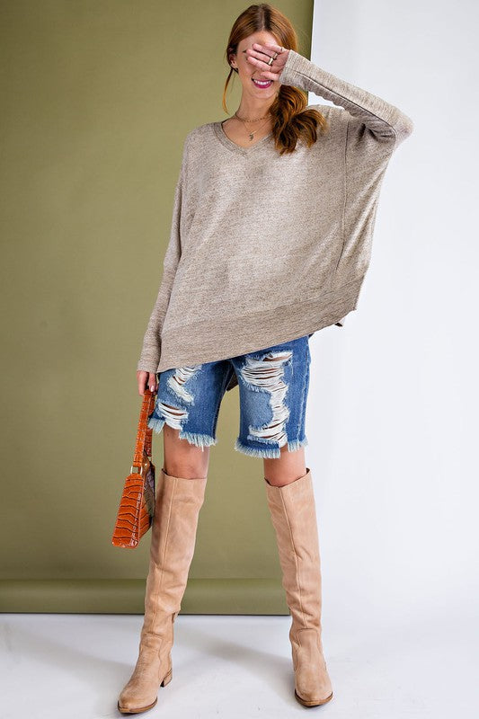 Mushroom Taupe Brushed Knit Loose Fit Long Sleeve Top