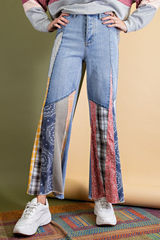 Print Patchwork Bell Bottom Denim Pants