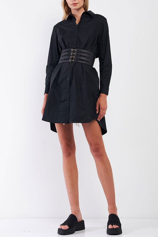 Black Button Up Shirt Dress with Slit Back Detail