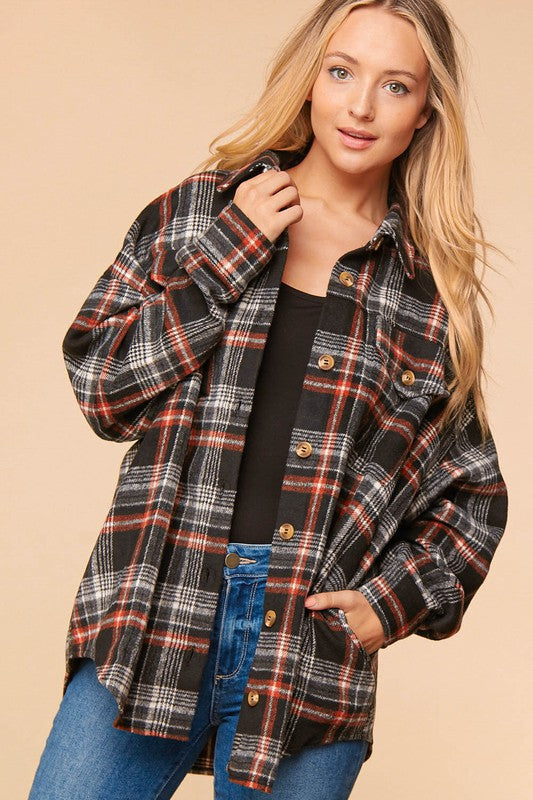 Oversized Plaid Button Down Flannel Shirt Jacket