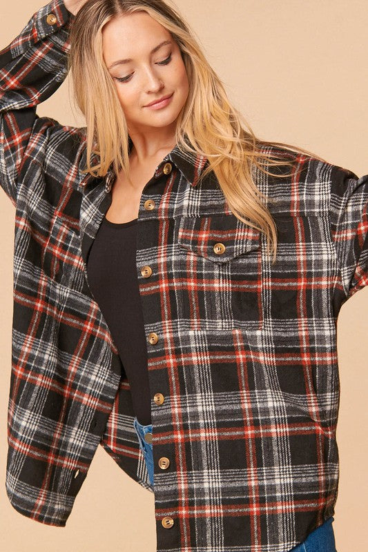 Oversized Plaid Button Down Flannel Shirt Jacket