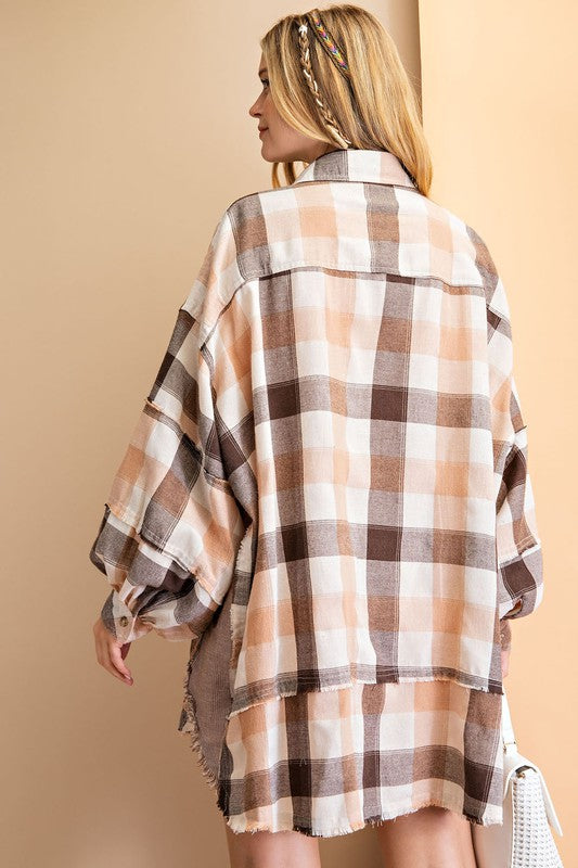 Long Sleeve Coral Brown Plaid Oversized Shirt Dress