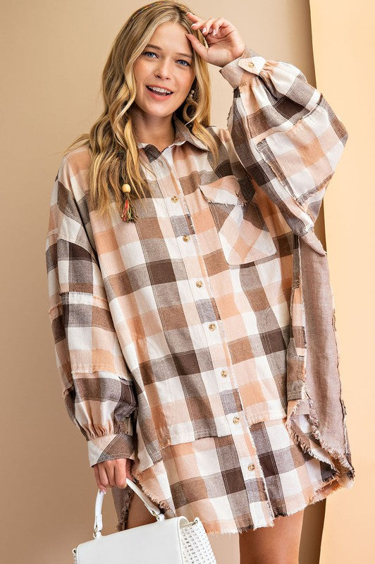 Long Sleeve Coral Brown Plaid Oversized Shirt Dress