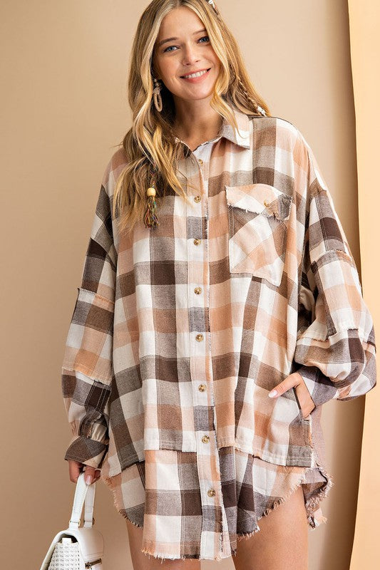 Long Sleeve Coral Brown Plaid Oversized Shirt Dress