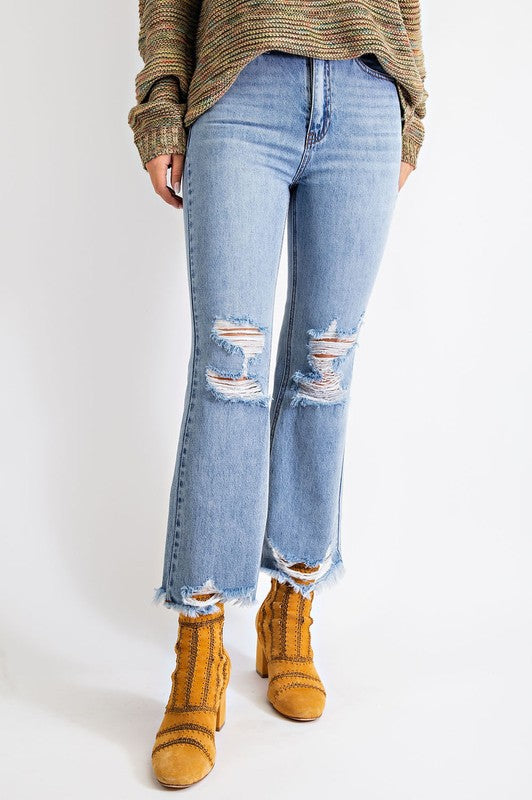 Distressed Washed Cropped Denim Jeans