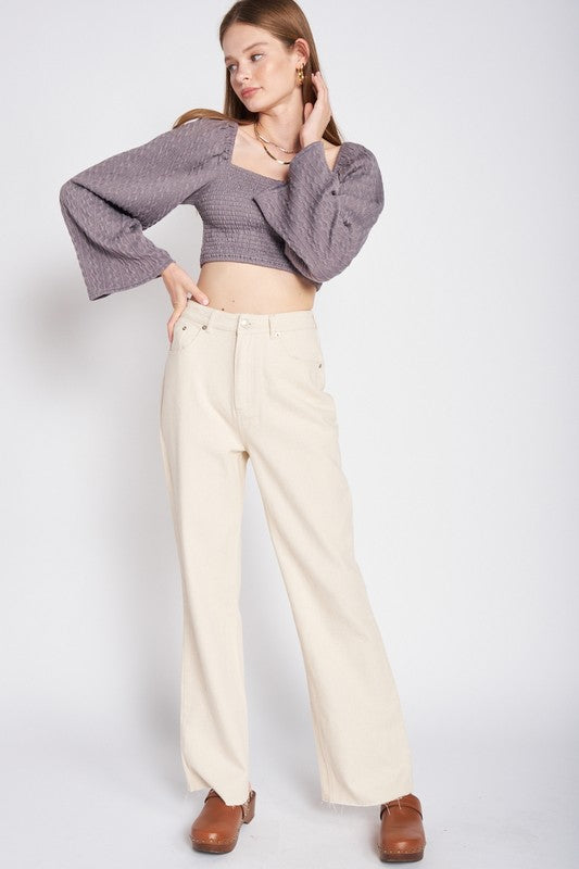 Cream High Rise Straight Leg Jean Pant with Raw Hem