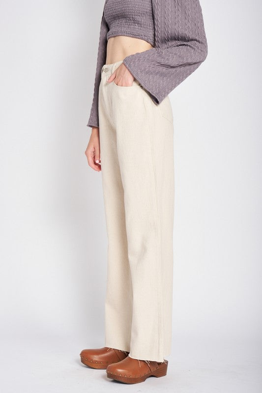 Cream High Rise Straight Leg Jean Pant with Raw Hem