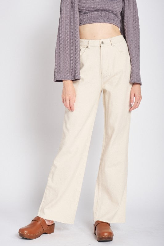 Cream High Rise Straight Leg Jean Pant with Raw Hem