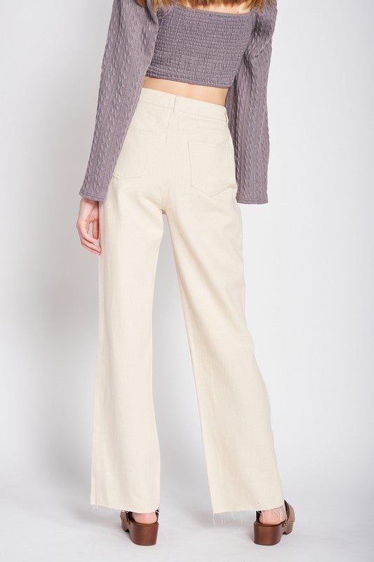 Cream High Rise Straight Leg Jean Pant with Raw Hem