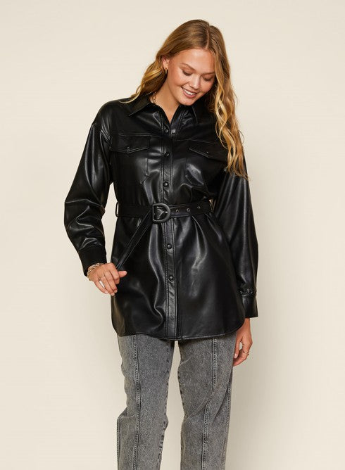 Vegan Leather Jacket With Waist Belt