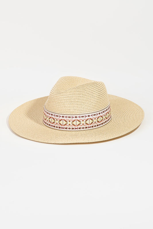 Straw Fedora Fashion Hat With Aztec Pattern Ribbon