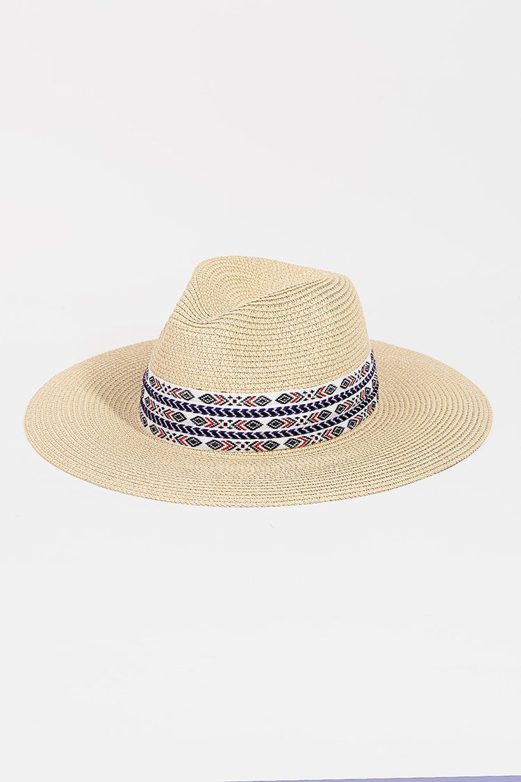 Fedora Straw Hat With Aztec Striped Ribbon