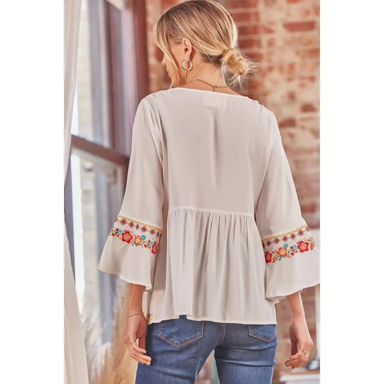 Classic Floral V Neck Embroidered Blouse