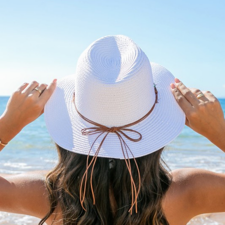 Straw Panama Fedora Hat With Beaded Belt Accent (White)