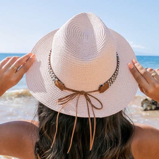 Straw Panama Boho Accent Fedora Hat (Blush)