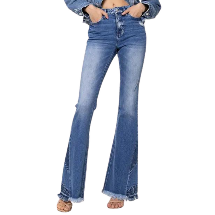 High Rise Denim Flare Bell Bottoms With Panel Hem Detail