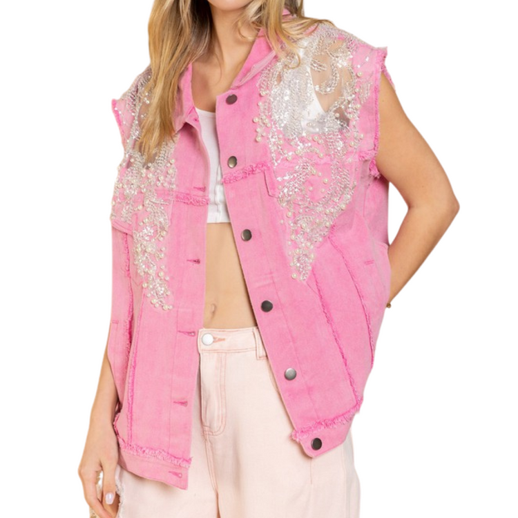 Distressed Light Denim Lace Embroidered Beaded Embellished Sleeveless Vest (Pink)