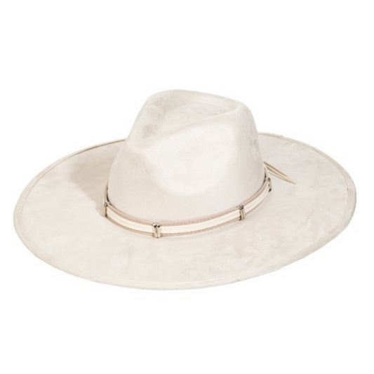 Ivory Taupe Wide Brim Fedora With Faux Leather Trim