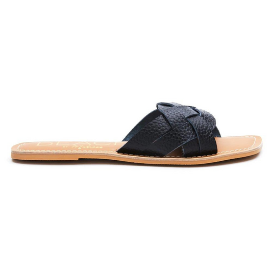 Black Woven One-Band Style Tumbled Leather Sandal