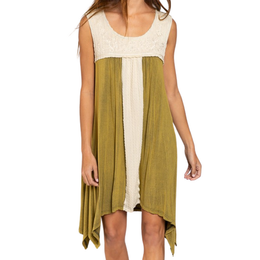 Mixed Fabric Dress With Asymmetric Distressed Hem