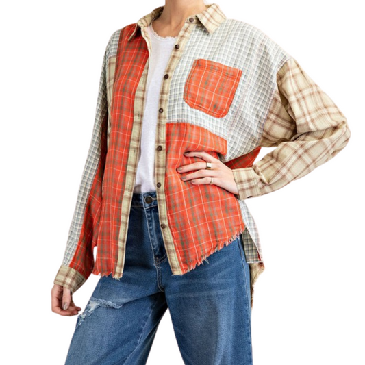 Coral Red Blue Sage Plaid Long Sleeve Patchwork Flannel