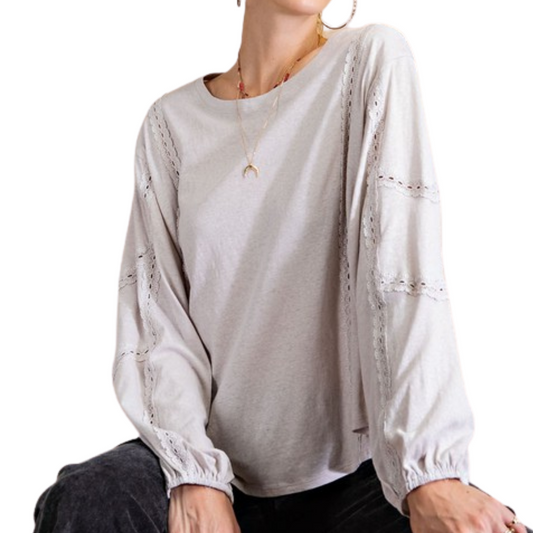 Light Grey Loose Fit Eyelet Lace Ribbon Detail Trim Long Sleeve Top