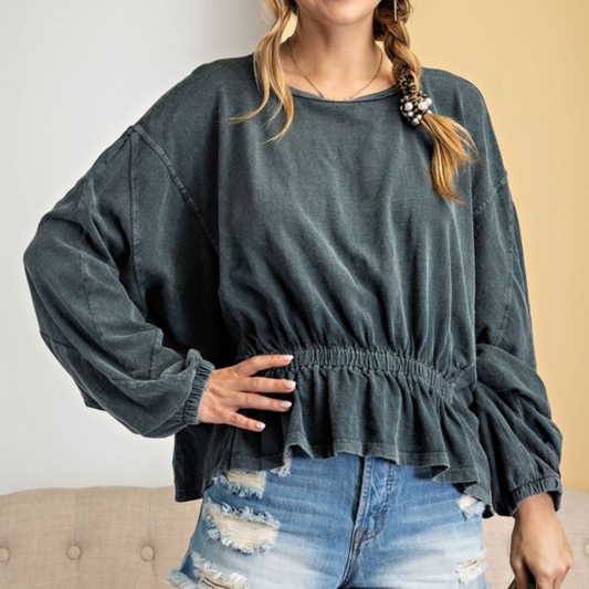 Grey Smoke Mineral Washed Cotton Dolman Sleeve Top.  - Rounded Neckline  - Button Closure And Keyhole Back  - Dolman Sleeves  - Banded Waist And Cuffs Detailing 