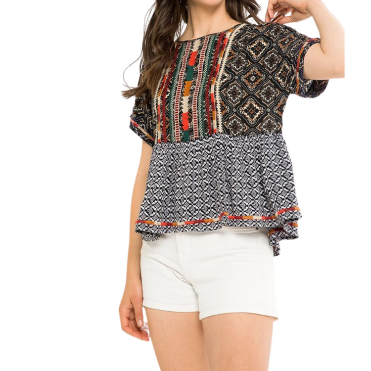 Mixed Print Embroidered Top