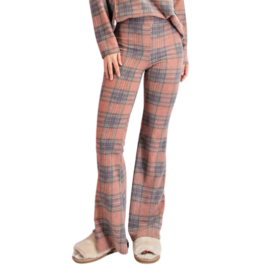 Soft Brushed Knitted Plaid Flare Pant