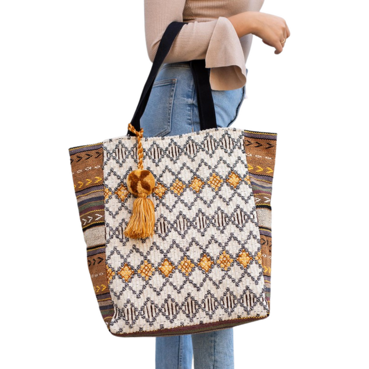 Boho Pattern Tote With Pom Tassel