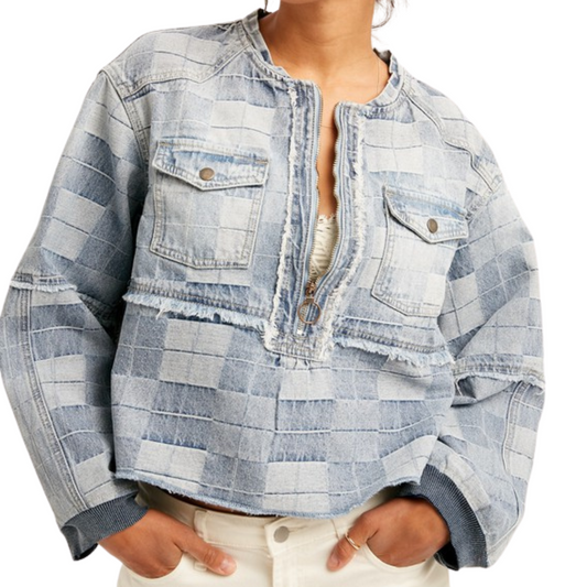 Textured Plaid Denim Henley Top